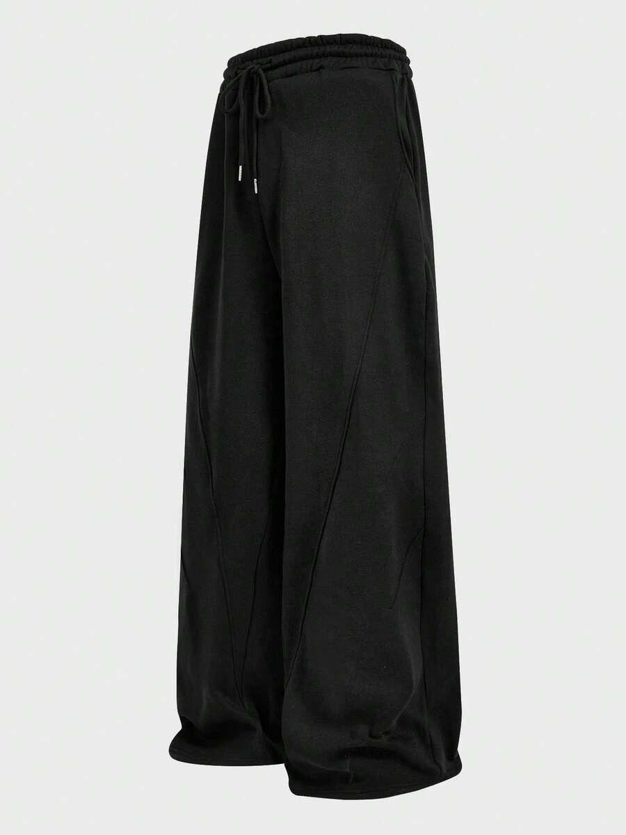 Athstrex Men's Spring/Autumn Casual Loose Fit Plus Size Black Sweatpants, Plain Design, Elastic Waist, With Pockets - Black - View 1