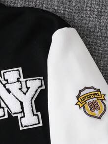SHEIN 青少年男孩時尚休閒拼色拼接字母刺繡抓絨夾克 - 黑色 - 查看 5