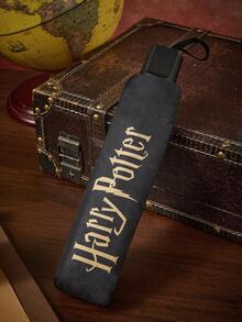 HARRY POTTER X SHEIN 復古校徽黑色膠面可折疊傘，雙用遮陽防雨傘，適合學生通勤，魔幻深色圖案便攜 8 根傘骨三折傘，旅行防 UV 陽傘，男女情侶日常戶外使用 - 黑黃灰色 - 查看 4