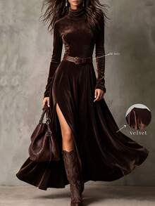 LUMIGAL Women's Round Neck Cinched Waist Split Hem Brown Faux Suede Bohemian Dress, Elegant Commuter Style For Spring And Autumn - Brown - View 1