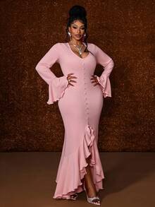 Maweii Plus Size Long Sleeve Fishtail Sweet Minimalist Sexy Ruffle Hem Dress - Pink - View 1