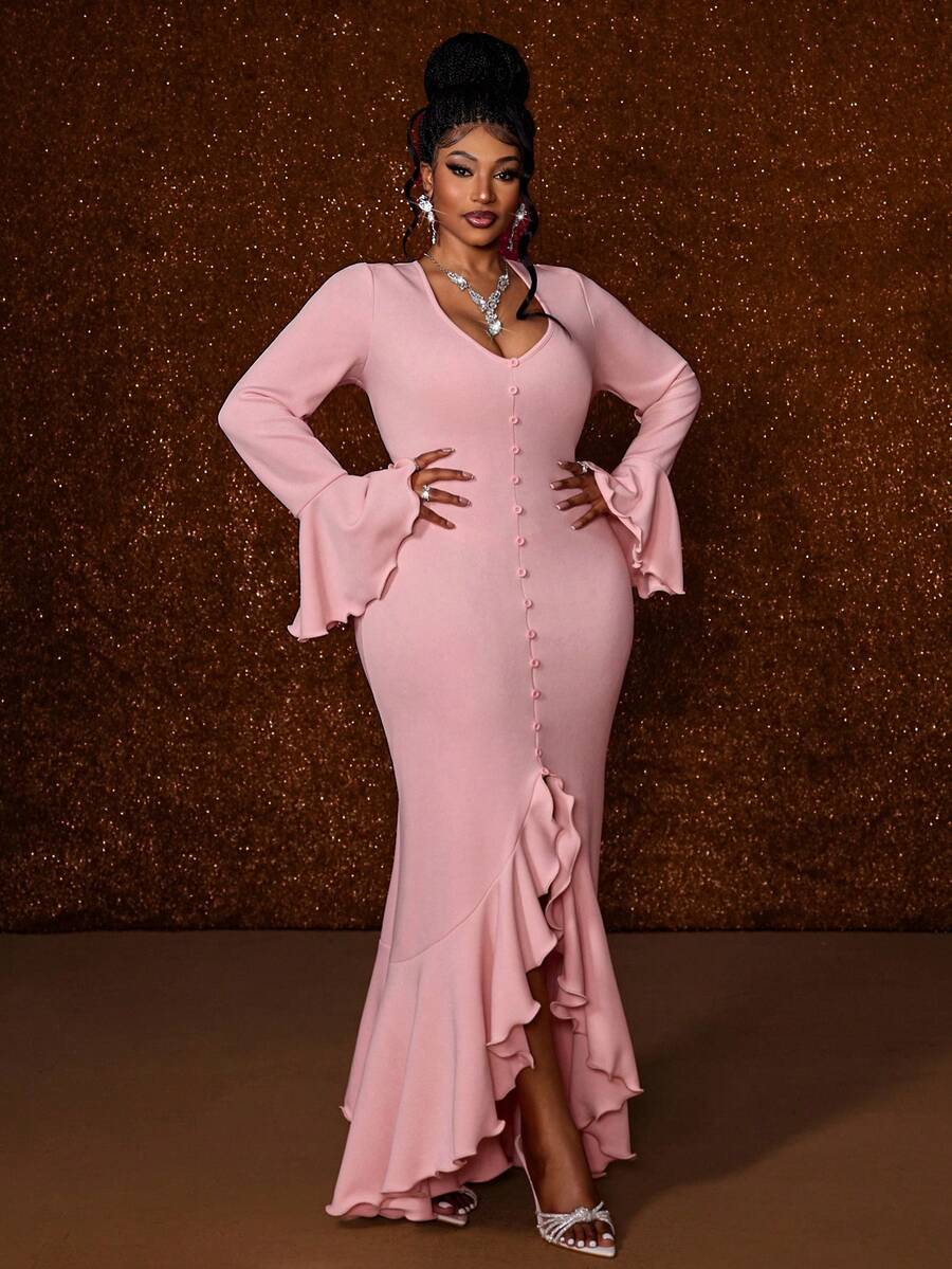Maweii Plus Size Long Sleeve Fishtail Sweet Minimalist Sexy Ruffle Hem Dress - Pink - View 1