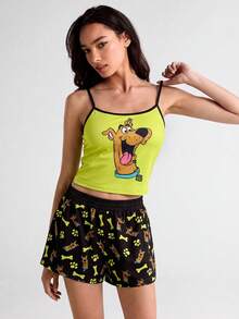 SCOOBY-DOO X SHEIN 女款卡通印花細肩帶上衣與短褲休閒居家睡衣套裝 - 綠色 - 查看 7
