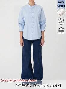 EastFlair Plus Size Fashionable Blue Long-Sleeved Stand-Up Collar Chinese Style Shirt, Breathable Top, Unique Frog Button Design, Soft And Skin-Friendly - Baby Blue - View 5