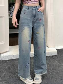 DAZY Ladies' Cherry Printed Loose Fit Straight Leg Denim Jeans With Raw Hem Pockets,Back To School Clothes - Light Wash - View 3
