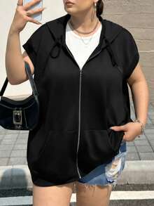 SHEIN CURVE+ 大尺碼休閒秋季拉鍊抽繩連帽衛衣，2026冬季 22W - 黑色 - 查看 4