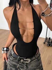 SHEIN HypeZone 女款性感街頭風V領掛脖綁帶金屬鏈條裝飾緊身連身衣 - 黑色 - 查看 3