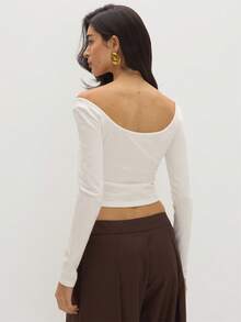 MUSEYN Atasan Jersey Putih Kancing Depan Lengan Panjang Leher Bulat Pas Badan - Putih - View 5