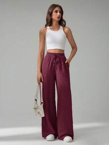 SHEIN Tall 女款休閒百搭純色直筒長褲 - 酒紅色 - 查看 5