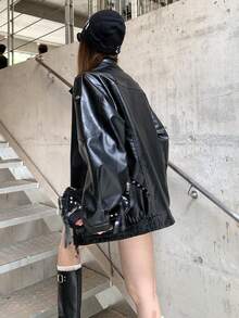 DAZY Jaket Lengan Panjang Gaya Jalanan Korea Wanita dengan Resleting dan Gesper Logam untuk Liburan Musim Gugur - Hitam - View 2