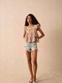 SHEIN Frenchy Women's Casual Striped Ruffle Collar Blouse, Summer,Summer Top Elegant - Multicolor - View 3