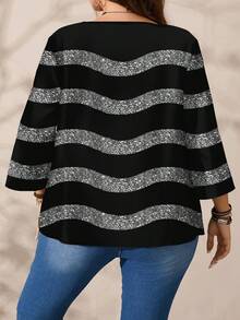 EMERY ROSE Plus Size Women Black Striped Autumn Shirt, Smart Casual Normal All-Over Print Round Neck Loose 3/4 Sleeve Tops, Night Out Club Flower Summer - Multicolor - View 2