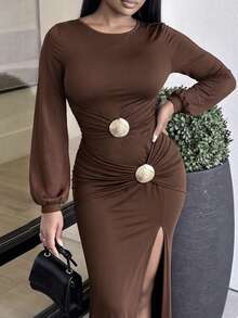 Glyssa Women's Elegant Vintage Metal Buckle Decor Long Sleeve Slit Dress For Party Dinner Night Date Evening Wear Thanksgiving Dark Brown Autumn - Coffee Brown - View 3