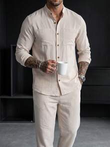 Manfinity Homme 2026 Spring Summer Beige Striped Linen Matching Set For Men Breathable Slub Linen Short Sleeve Shirt - Beige - View 6