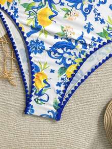 SHEIN Modest Cute Flounce Print One-Piece Swimsuit, Suitable For Beach & Holiday - Blue - View 3