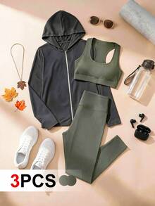 SHEIN Cheerettes 女款大尺碼綠色3件式運動套裝，柔軟彈性拉鍊連帽外套、運動內衣、防透深蹲緊身褲，收腹塑形，適合健身房與瑜伽 - 綠色 - 查看 2