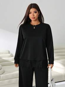 Solflare Plus Size Lace Patchwork Round Neck Long Sleeve T-Shirt And Loose Pants Set Fall - Black - View 6