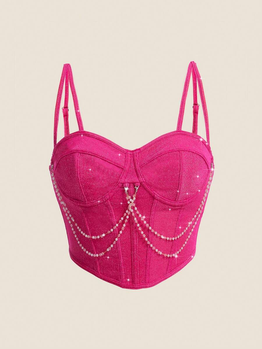 SHEIN ICON Chain Detail Bustier Crop Cami Top - Hot Pink - View 1