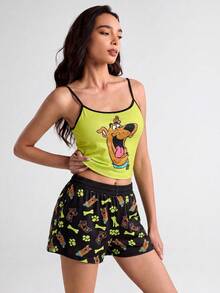 SCOOBY-DOO X SHEIN 女款卡通印花細肩帶上衣與短褲休閒居家睡衣套裝 - 綠色 - 查看 4