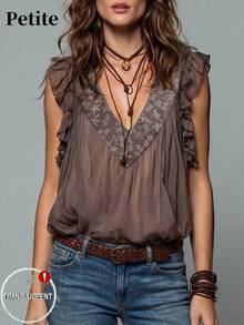 SHEIN PETITE French Vintage Boho Short Vacation Floral Ruffle Trim Sleeveless Blouse Vacation Brown Floral Summer - Brown - View 1