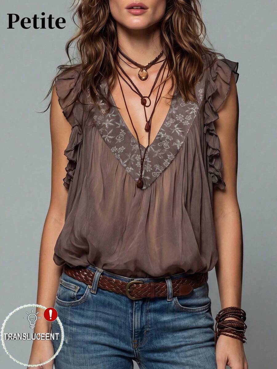 SHEIN PETITE French Vintage Boho Short Vacation Floral Ruffle Trim Sleeveless Blouse Vacation Brown Floral Summer - Brown - View 1