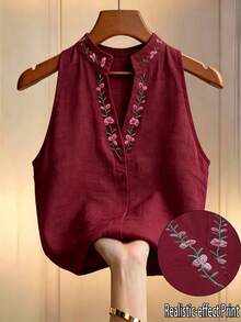 Louniche 女款花卉刺繡立領無袖上衣，刺繡上衣，女款夏季穿搭，優雅上衣，辦公通勤穿著 - 酒紅色 - 查看 1