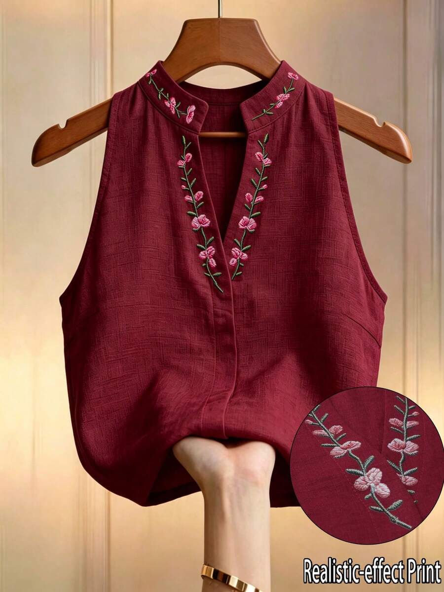 Louniche 女款花卉刺繡立領無袖上衣,刺繡上衣,女款夏季穿搭,優雅上衣,辦公通勤穿著 - 酒紅色 - 查看 1