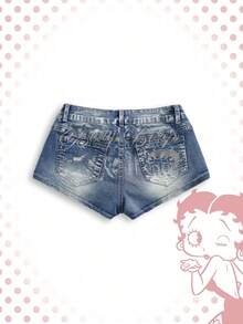 Betty Boop | ROMWE 春夏 Y2K Hot Girl 聯名款 銀箔 Logo 刺繡超低腰迷你牛仔短褲 - 淺色水洗藍 - 查看 1