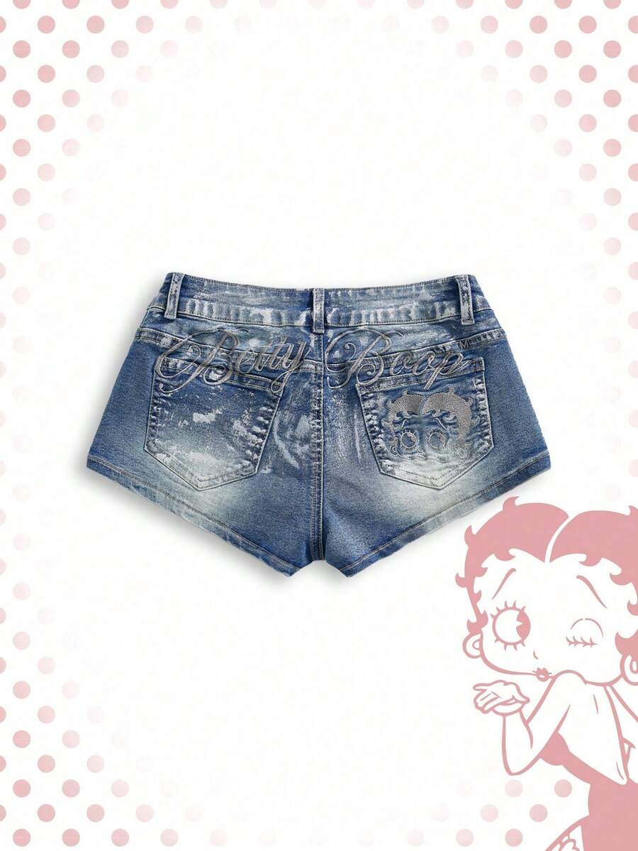 Betty Boop | ROMWE 春夏 Y2K Hot Girl 聯名款 銀箔 Logo 刺繡超低腰迷你牛仔短褲 - 淺色水洗藍 - 查看 1