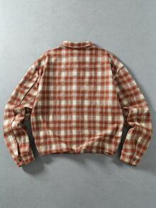 ROMWE MEN 男士格紋字母刺繡單排扣長袖休閒襯衫 - 紅木色 - 查看 2