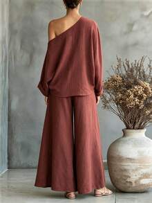 Omancia 2pcs/Set Kemeja Kasual Lengan Panjang Model Batwing dengan Bahu Asimetris & Celana Panjang Lebar dengan Pinggang Elastis - Rust Brown - View 2
