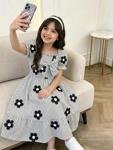 SHEIN Tween Girl Striped Floral Print Bow Decor Dress Fall Autumn Back To School - Black and White - View 1