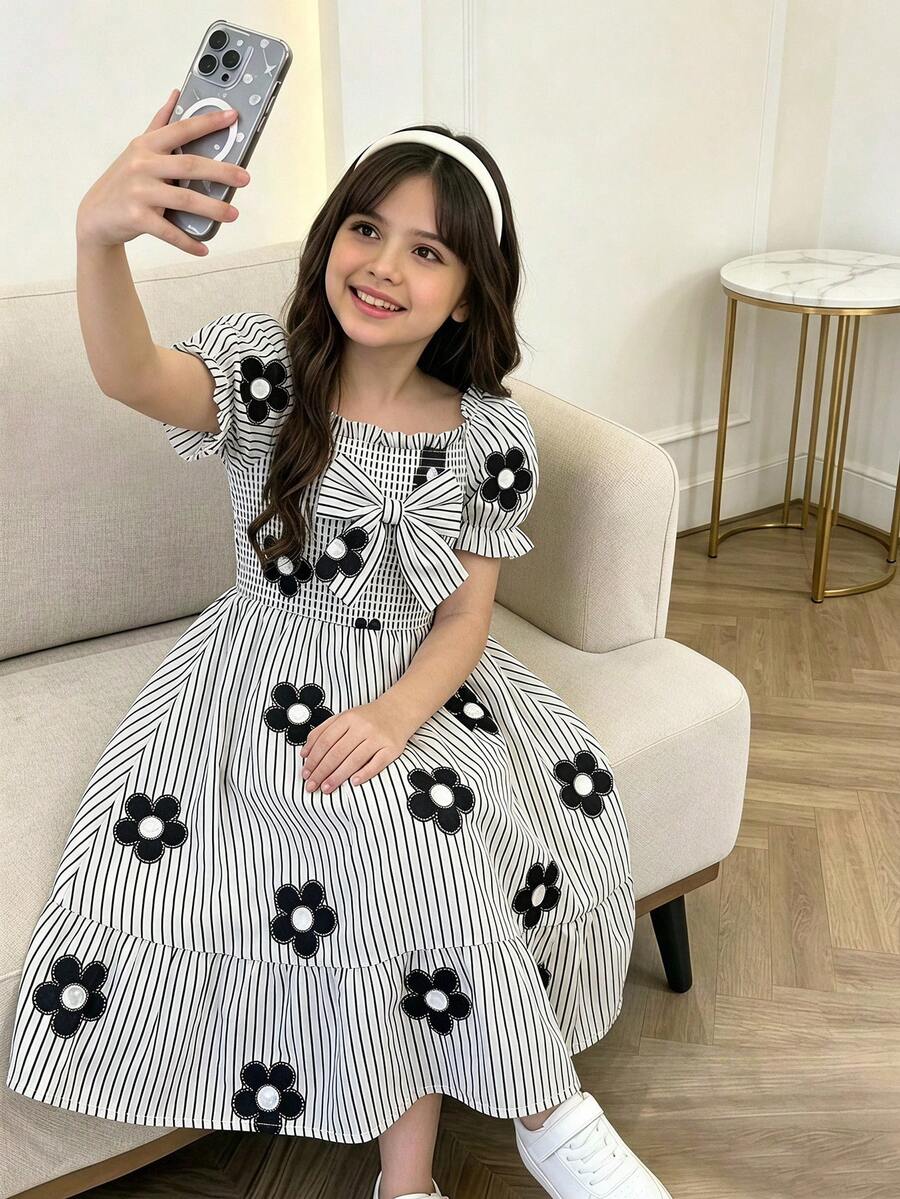 SHEIN Tween Girl Striped Floral Print Bow Decor Dress Fall Autumn Back To School - Black and White - View 1