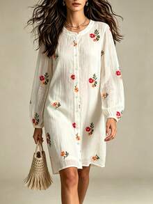 SHEIN Autumn‑Winter 3D Floral Embroidered Loose‑Fit Dress, Crinkled Fabric, Daily Commuter, Boho‑Chic Style - Beige - View 4