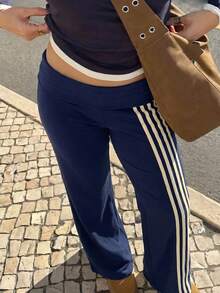 SHEIN Tall CURVE Plus Size Colorblock Striped Waistband Pants - Navy Blue - View 7