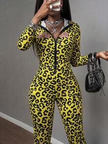 Glyssa Women's Sexy Streetwear Y2k Street Leopard Print Fitted Long Sleeve Zipper Top Knitted 3/4 Length Pants 2 Pieces Set Night Out Neon Yellow Autumn - Yellow - View 5