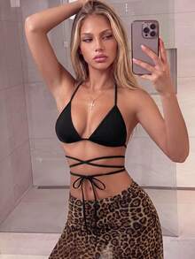 SHEIN ICON Women's Sexy Backless Tie-Up Halter Top, Minimalist Solid Color, Suitable For Summer Vacation - Black - View 3