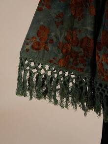ROMWE Velvet Printed Pattern Hippie Style Mori Girl Tassel Decor Plus Size Jacket - Green - View 3