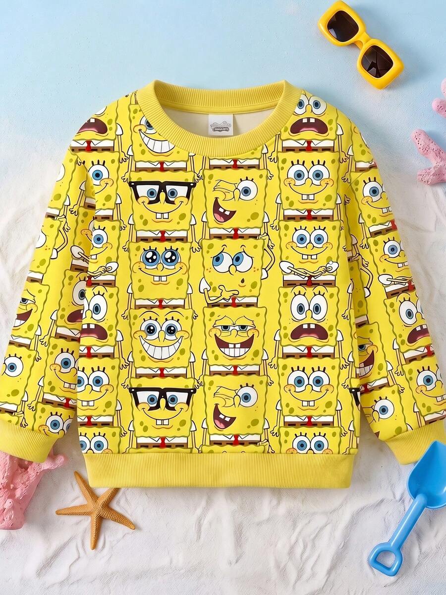 SpongeBob SquarePants | SHEIN GraphicGems 男嬰黃色圓領長袖運動衫,趣味多表情設計,春秋款 - 黃色 - 查看 1
