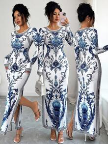 SHEIN Elenzya Women's Blue And White Porcelain Print Fitted Long Sleeve Bodycon Slit Robe, Textured Vintage Style Middle Eastern UAE Abaya - Multicolor - View 1
