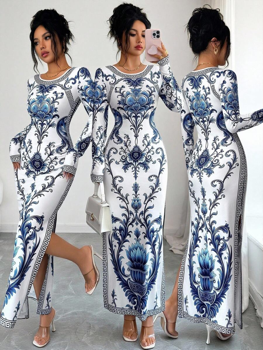 SHEIN Elenzya Women's Blue And White Porcelain Print Fitted Long Sleeve Bodycon Slit Robe, Textured Vintage Style Middle Eastern UAE Abaya - Multicolor - View 1