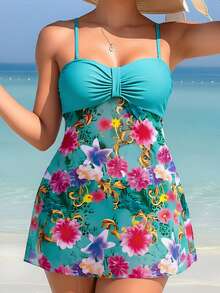 Swim Lushoire 女款花卉印花百褶休閒度假細肩帶洋裝，適合夏季海灘度假 - 彩色 - 查看 4