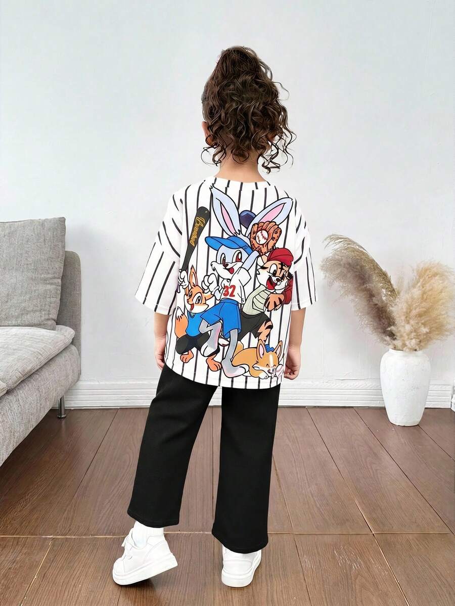 SHEIN 女童寬鬆休閒簡約舒適圓領套頭卡通圖案T恤與長褲套裝 - 黑色 - 查看 1