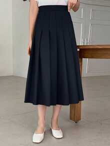 DAZY Teen Girl Casual Versatile Solid Color Pleated Skirt Fall - Navy Blue - View 1