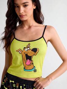 SCOOBY-DOO X SHEIN 女款卡通印花細肩帶上衣與短褲休閒居家睡衣套裝 - 綠色 - 查看 3