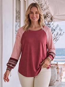 Rosumi Women's Plus Size Patchwork Striped Raglan Long Sleeve Casual Loose Sweatshirt Fall Winter 2026 Fall Outfits Going Out Tops For Women - Multicolor - View 1