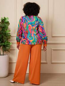 BrightlyHer Plus Size Women's Floral Print Long Sleeve Top Elastic Waist Pants Two Pieces Set Brunch 1920 Vintage Autumn Rainbow Burnt Orange - Multicolor - View 4