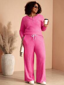 BrightlyHer Plus Size Women's Autumn/Winter Casual Solid Color T-Shirt Top And Wide Leg Pants 2-Piece Set With Pockets - Pink - View 1