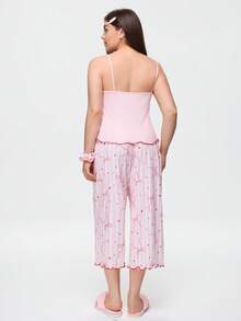 Bonmuse Women's New Summer Spaghetti Strap 3/4 Pants, Light Pink Bow Print Plus Size Loungewear - Baby Pink - View 2
