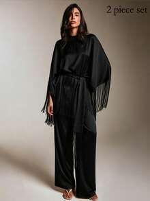 COSMINA Women's Solid Color Tassel Design Top And Pants Casual Daily Set - Black - View 3